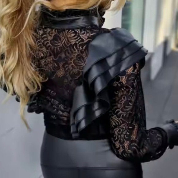 NEW WOMEN’S BLACK RUFFLES FAUX LEATHER BLOUSE - Picture 5 of 5